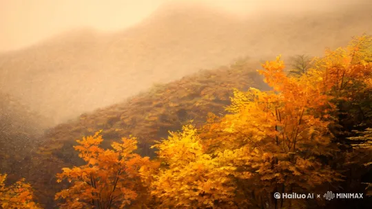 Chinese ink painting style, misty autumn mountain after rain, water droplets on leaves, cinematic slow pan, soft golden light, 4k ultra-detailed by Hailuo AI Video Generator