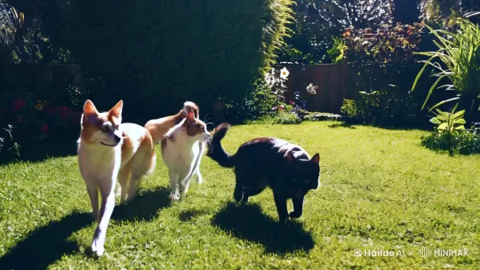 猫猫狗狗[推出,上升,下摇] by Hailuo AI Video Generator