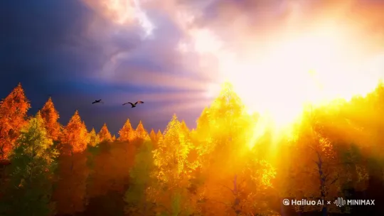Warm sunset rays through clouds, autumn forest with golden and green leaves, birds flying through light beams, low-angle shot, Kodak color grading by Hailuo AI Video Generator