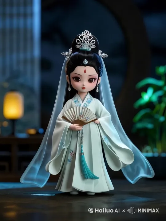 中国传统戏曲风格视频片段，一位女性演员身着精致的传统戏服，手持展开的折扇，缓缓步入舞台中央。她的发髻高耸，装饰着珠翠与金银细工，轻盈的面纱随风飘动，增添了几分神秘感。女子面容姣好，眼神中透露出淡淡的忧伤，唇角微抿，似乎有诉不尽的故事。她身穿淡雅色彩的戏装，蓝白相间的流苏随着动作轻轻摇曳，宛如水墨画中走出的仙子。背景中，一盏温暖的宫灯照亮舞台，一旁的青竹盆栽映衬出宁静而典雅的氛围。女子开始唱戏，声音婉转动听，手臂优雅地摆动，每一个手势都充满了古典韵味。镜头采用缓慢推进的方式，捕捉到她每一个细腻的表情变化，展现出中国传统戏曲的独特魅力。中近景特写，唯美而富有诗意的画面。 by Hailuo AI Video Generator