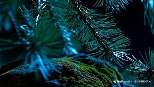 Close-up of pine branches under full moon, moonlight casting through needles onto mossy rocks, macro water droplets reflection, dark cyan color palette | by Hailuo AI Video Generator