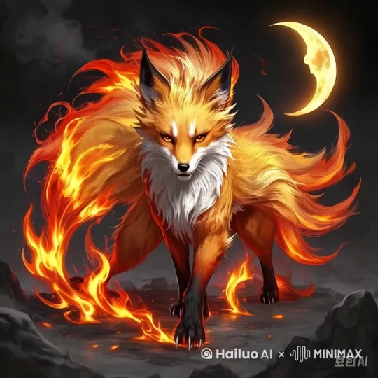 赤焰九尾狐昂首长啸，通体赤金鬃毛翻涌着青蓝内核的业火。九条熔岩凝成的长尾如火山喷发般炸开，尾尖悬浮的血月碎片随步伐簌簌坠落，将焦土灼出晶化的朱砂纹路。琥珀色竖瞳中火焰纹路流动，额间符咒随嘶吼迸射红光，燃烧的足爪踏过之处，空气蒸腾出热浪漩涡。 by Hailuo AI Video Generator