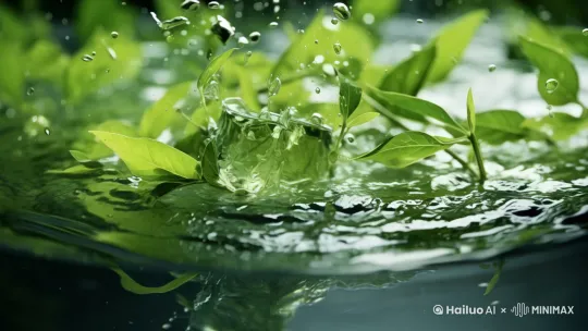 [变焦拉远]茶叶掉进水面，蹦出水花和涟漪， by Hailuo AI Video Generator