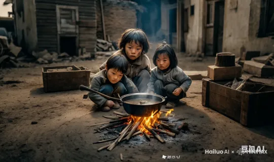 锅里爆出一堆熟肉所有小孩都在抢着吃镜头跟随 动态移动 by Hailuo AI Video Generator