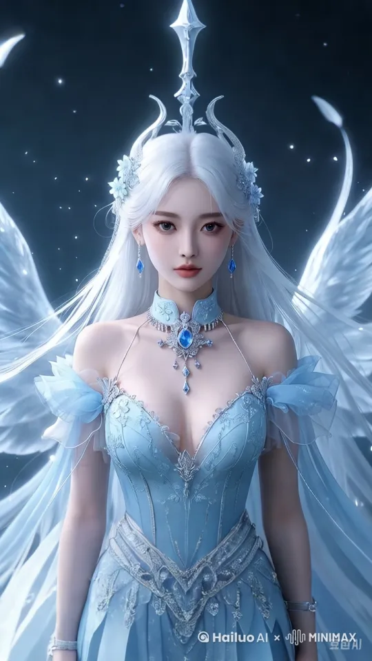 "梦幻般的CG动画场景，一位冰蓝幻羽仙子在星空中翩翩起舞，她身穿流光溢彩的蓝色华丽礼服，头戴镶嵌宝石的精致皇冠，银白色的长发随风飘扬。仙子背后一对透明翅膀轻轻扇动，仿佛引领着星辰的轨迹。她佩戴着璀璨的蓝色耳环和项链，项链上的宝石在星光下闪耀。仙子的舞姿轻盈而空灵，裙摆如同雪花般飘逸，每一次转身都勾勒出冰晶般的光芒。背景是浩瀚的星空，点缀着闪烁的星星，营造出神秘而宁静的氛围。特写镜头捕捉到仙子温柔的目光，她的眼神深邃，注视着远方，仿佛诉说着古老的故事。整个画面充满了奇幻与优雅，让人仿佛置身于一个遥远而迷人的仙境之中。" by Hailuo AI Video Generator