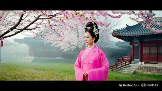 中国古典风格视频帧，一位身着粉色华丽汉服的女子，宛如画中仙子，静立于绚烂绽放的樱花树下。传统木质建筑背景，飞檐翘角，古韵盎然。女子发髻高绾，点缀以精致珠翠，每一缕青丝都透露着东方美人的温婉与雅致。微风轻拂，樱花瓣随风飘洒，空气中弥漫着淡淡的花香，营造出一幅唯美浪漫的画面。远景朦胧，焦点凝聚于女子身上，每一细节都显得格外生动。镜头缓缓推进，从远至近，捕捉每一个动人心弦的瞬间。“无情不似多情苦，一寸还成千万缕。天涯地角有穷时，只有相思无尽处。” — 宋·晏殊《玉楼春·春恨》，诗句恰如其分地诠释了画面中的情感深度。中景至近景，平视到微仰的镜头角度，完美呈现女子的端庄与樱花的柔美。 by Hailuo AI Video Generator