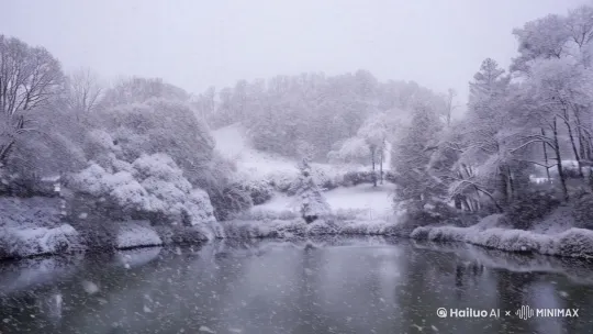 池塘边鹅毛大雪，满天都是白色 by Hailuo AI Video Generator
