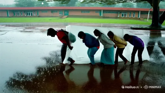 全景：学校大路边，下雨天，五个人排成一排，弯腰，挤在塑料布下，在路边大树下小心翼翼前行，雨水从塑料布边缘滴落，地上满是积水，摄影风格，超清，比例 9:16。 by Hailuo AI Video Generator
