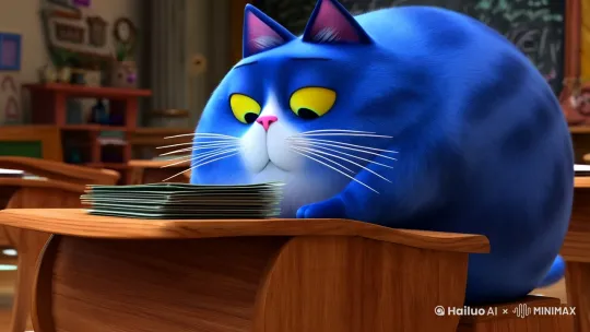 一个蓝色的胖胖的猫（网上的胖猫）坐在教室座位上改卷子的答案 by Hailuo AI Video Generator