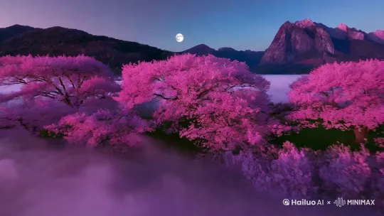 极速的高空跟踪镜头移动，无人机超凡视角精准掌控。超现实的高速飞翔序列
震撼呈现，一株盛开的樱花树，花瓣如粉色云霞般绚烂，周身散发浪漫而灵动
的气息。浓郁深沉的淡紫色氛围全方位笼罩，粉色的花瓣如彩蝶般四散飞舞，
在厚重绵密的云层之间自由翱翔，轻盈纤细的树枝随风狂放摆动。远处高悬一
轮柔和的明月，清辉遍洒，四周是璀璨绚烂如宝石的山峦，运动模糊和光迹将
速度感与流畅性演绎到极致，整个画面极具震撼与奇幻色彩，仿佛让人置身于
美轮美奂的梦幻仙境之中。 by Hailuo AI Video Generator