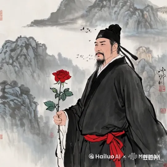 人物，手拿玫瑰花，凑到鼻子前闻一闻 by Hailuo AI Video Generator
