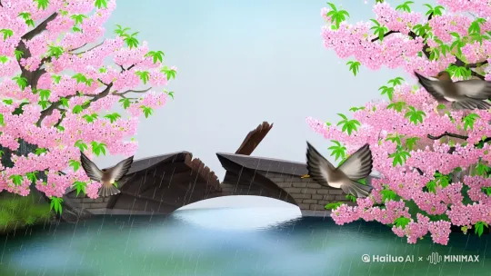中国古典水墨画风格，春雨绵绵中，一对燕子正翩然归来，它们穿梭于两岸盛开的桃花之间，花瓣轻触水面，仿佛在水中绽放。断桥被春雨阻隔，无人能渡，画面宁静而富有诗意。突然，一叶扁舟自柳树荫下悠然撑出，舟上渔翁神情悠然，衣袂飘飘，与周围景色融为一体。远景展现出江南水乡的朦胧美，烟雨蒙蒙，如同一幅动人的水墨画卷。近景特写小舟与渔翁，中景展现断桥与桃花，远景则是朦胧的山水轮廓。 by Hailuo AI Video Generator