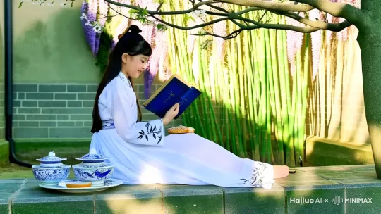 一个被青砖灰瓦环绕的古典庭院，午后阳光透过老槐树的枝叶洒下斑驳光影。青石桌上摆放着青花瓷茶具和一碟桂花糕，穿月白色襦裙的少女侧身而坐，乌黑长发用玉簪半绾，余发垂落腰间。她手捧蓝皮线装书卷，书页微微泛黄，封面题着《诗经》二字。裙摆铺在石凳上，绣着竹叶暗纹的袖口滑落半截，露出皓白手腕。背景可见雕花窗棂和爬满紫藤的院墙，墙角一丛翠竹随风轻摇。镜头从槐树枝叶间缓缓下移，定格在少女阅读的中景画面。阳光在书页上形成动态光斑，竹影在石桌表面细微晃动。前3秒呈现：少女左手轻托书脊，右手食指缓慢划过竖排文字，睫毛随阅读节奏轻颤，发丝被微风带起又落下。后3秒增加动态：她忽然眉眼舒展，唇角扬起会心笑意，拾起桂花糕时，一片槐花恰好飘落书页间。全程保持4:3复古画幅，模拟胶片质感的光晕效果。 by Hailuo AI Video Generator