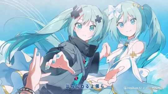 [左移,右摇,跟随]左边的初音萌萌的眨眼睛，右边的初音眨眼睛微笑，二人的秀发随风飘动，左下角的手不断摇摆，[推出,上升,下摇] by Hailuo AI Video Generator