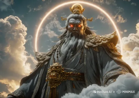 图中的人物在说些什么，背景中的云翻滚，人物背后的半圆形散发着微弱金光，[左移,推进,右摇] by Hailuo AI Video Generator