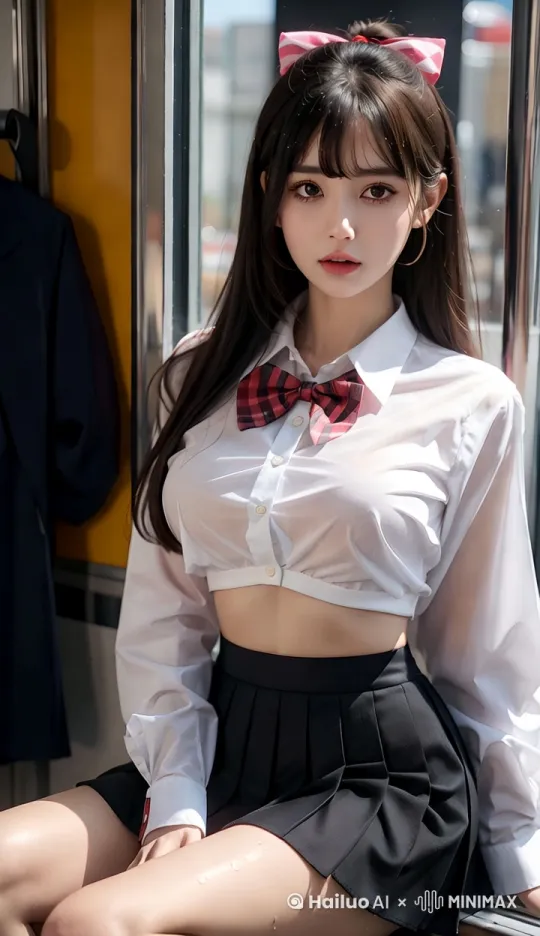 [左移,推进,右摇]动荡的公交车车厢里，[推出,上升,下摇]少女坐在窗户边，[右移,跟随]大雨透过车窗飘了进来，少女被雨淋到，[左摇,上摇,变焦推进]少女的衣服变得透明了 by Hailuo AI Video Generator