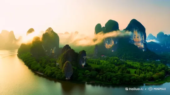 航拍视角，桂林山水人20元图片取景地，丁达尔效应，自然光线，高清 by Hailuo AI Video Generator