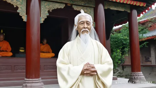 老神仙穿着一身丝质的白衣和白鞋，背着手站在一座寺庙的门前。寺庙里传来和尚们诵经的声音。 by Hailuo AI Video Generator