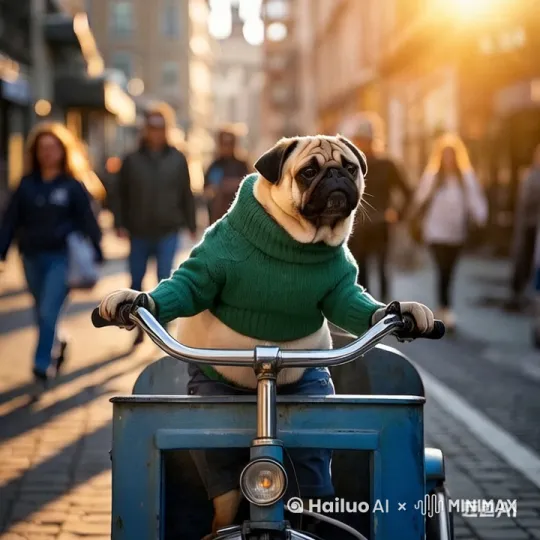 巴哥犬蹬腿骑三轮车往前走，路人动态行动，巴哥左右缓慢摆头观察，突然三轮车散架了，巴哥犬一脸无奈坐在地上。镜头移动，动态跟随 by Hailuo AI Video Generator