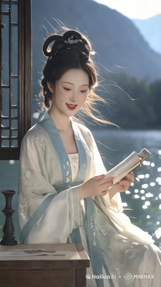 [左移,推进,右摇]女子认真看书，忽然抬起头看向镜头，露出灿烂甜美的笑容 by Hailuo AI Video Generator