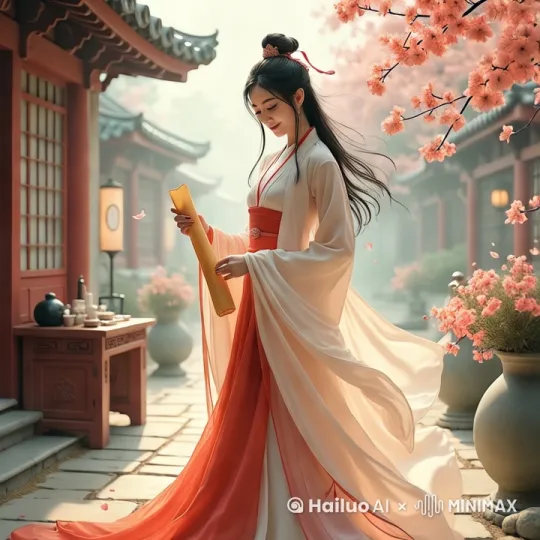 一个古代的女子，在院子中读书，正在把书卷打开，投入阅读。 by Hailuo AI Video Generator