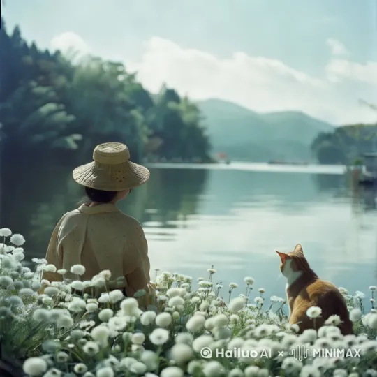 湖水微波荡漾，泛起涟漪，湖边的花丛在随风轻轻摆动，猫咪摇了摇头，女孩向右转30度看着猫咪 by Hailuo AI Video Generator