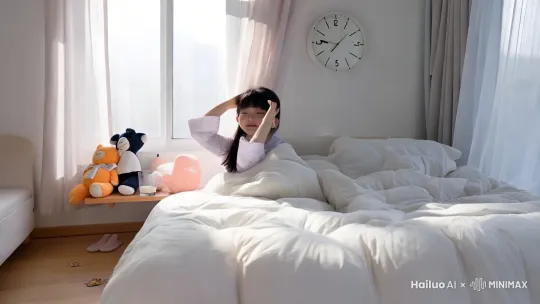 ​主体动作描述​
"清晨阳光中，20岁亚洲女孩从床上缓缓坐起，双手揉着惺忪睡眼，头发略显凌乱，伸懒腰时露出慵懒微笑，睡衣领口自然褶皱，窗外透进柔和的晨光"

​环境细节强化​
"卧室环境：蓬松的白色羽绒被，床头摆着毛绒玩具和玻璃水杯，窗帘半开透出薄雾晨光，墙上的挂钟显示7:15，木地板有拖鞋痕迹"

​镜头技术要求​
"采用中景镜头，焦点从窗外晨光逐渐转移到人物面部特写，保持1秒静态画面后开始动作，6秒时长内完成从躺姿到坐起的过程，运镜模拟手持摄像机轻微晃动感"

​规避缺陷指令​
"避免出现面部变形、肢体比例失调、头发粘连成块状、睡衣纹理模糊、窗外光线过曝等情况" by Hailuo AI Video Generator