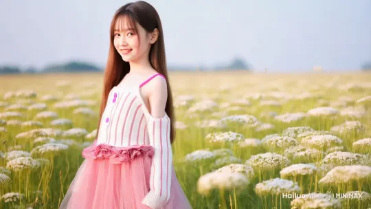 唯美梦幻风，中景，柔和暖色调，逆光勾勒轮廓，棕色长发齐刘海的女生，笑容甜美，眼神闪烁光芒，穿着白色细吊带带竖条纹纹理并点缀粉色纽扣的针织上衣，配粉色薄纱裙摆裙，腰间粉色褶边，站在油菜花丛中，微微侧身，表情陶醉，营造梦幻浪漫氛围，画面朦胧柔美，油菜花的花蕊与薄纱的轻盈感展现细腻，超高清画质，背景是被阳光染成金色的油菜花与淡蓝色天空 by Hailuo AI Video Generator