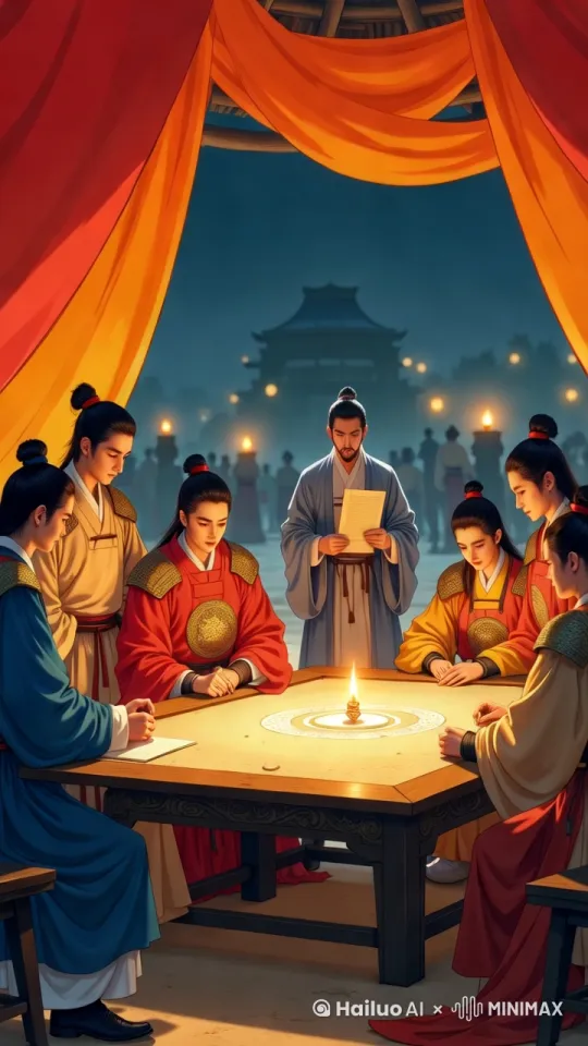 保持原画风，高质量，大臣从远处缓慢走近军营，军营内几位将军正左右攀谈围坐商议，自然运镜 by Hailuo AI Video Generator