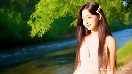 主角在草地茂盛的水边漫步阳光洒在 女主角的脸上 洋溢着青春的气息 女主用一只手遮挡着耀眼的阳光 笑容非常甜美 by Hailuo AI Video Generator