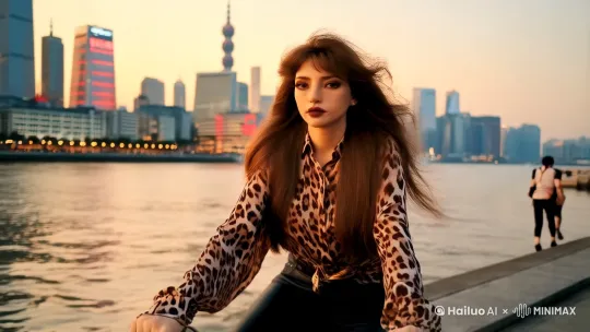 骑着自行车，在黄浦江畔观光，外滩风景。 by Hailuo AI Video Generator