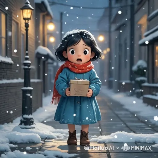 寒冷冬夜，雪花飘落，破旧单薄衣服的小女孩哆哆嗦嗦走在街头，向前走着 时不时颤抖一下。昏暗街灯， by Hailuo AI Video Generator