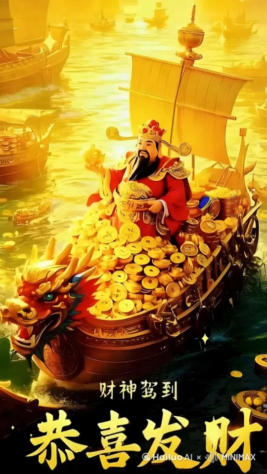 财神坐的船在在游，财神不断的撒金币 by Hailuo AI Video Generator