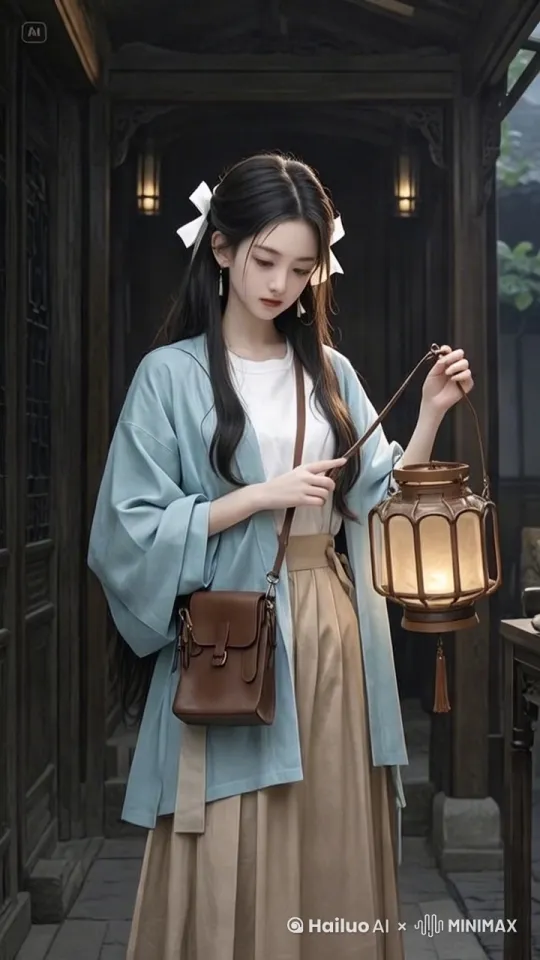 美女缓慢的左侧身，站立不动，缓缓抬眼看，灯笼忽明忽暗，有微风轻拂。画面主体动态呈现，动作自然流畅，融合，过程丝滑而匀速，符合逻辑，极致细节，镜头跟拍，超真实动态捕捉，不模糊，高质量，没有瑕疵 by Hailuo AI Video Generator