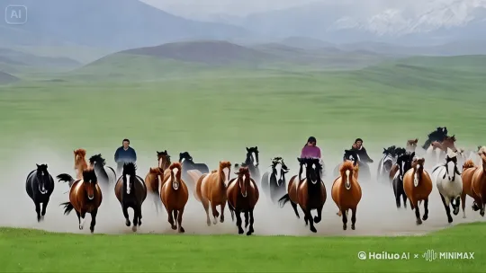 草原上，万马奔腾，身后飘起尘烟，镜头跟随，16：9画幅，高清摄影，8K电影感[拉远,变焦拉远,跟随] by Hailuo AI Video Generator