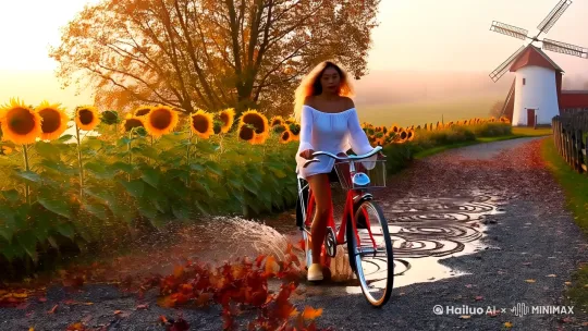 A 25-year-old sexy Eurasian beauty with wavy blonde hair, wearing an off-shoulder white knit top and high-waisted denim shorts, riding a vintage red bicycle
(Camera Movement):
Low-angle tracking shot with slight handheld camera shake, capturing dynamic splashes of leaves from bicycle wheels
(Environment):
Country path through golden morning mist, flanked by sunflowers swaying in the breeze
White windmill and red barn in distance, blue dragonflies resting on nearby fences
Gravel path covered with autumn leaves creating spiral patterns when ridden over
(Lighting):
Backlit shooting creating golden halo around hair, semi-transparent effect on chiffon top
Morning light creating flowing specular highlights on bicycle's metal parts
 (Dynamic Elements):
Sudden gust of wind lifting clothing to reveal slender waistline in slow motion
Bicycle bell naturally swaying with bumps, creating bouncing light reflections

(Color Palette):
Main palette: Misty gold + denim blue + maple red amber highlights with subtle smoky purple in shadows by Hailuo AI Video Generator