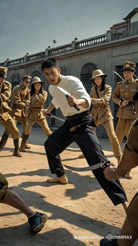 白衣服男人目露凶光怒吼旋风腿、转圈、无影脚、连环踢、匕首、刺痛、砍杀，全部一起对打对砍对杀喊叫连连，有的受伤流血， by Hailuo AI Video Generator