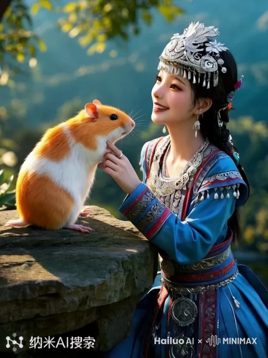 微风吹动树叶，仓鼠精灵可爱，少女手轻拂仓鼠毛 by Hailuo AI Video Generator