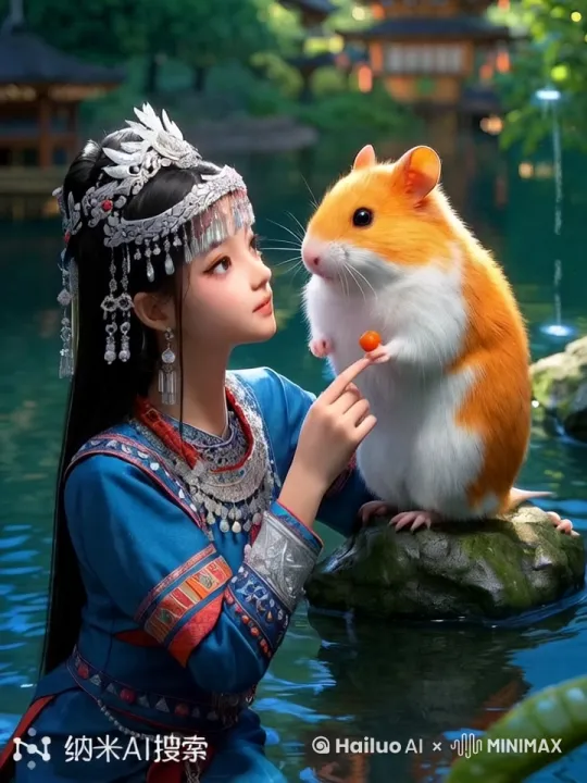 美丽的少女与精灵可爱的仓鼠交流感情，少女说：小鼠，你真漂亮。微风吹，池塘水面波光鳞鳞 by Hailuo AI Video Generator