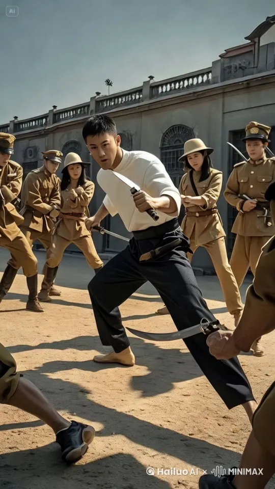 白衣服男人目露凶光怒吼旋风腿、转圈、无影脚、连环踢、匕首、刺痛、砍杀,全部一起对打对砍对杀喊叫连连,有的受伤流血,快速飞在空中对打,白衣服男人匕首刺向后面的几个人的胸口,胸口流血不止惨叫连连,一刀一个斩杀倒地 by Hailuo AI Video Generator