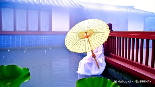 青瓦白墙的庭院笼罩在淡青色晨雾中，镜头俯拍一池碧荷随风轻颤，粉白花瓣上露珠将坠未坠，折射出琉璃般七彩光斑。一袭素白广袖汉服的少女执竹柄油纸伞侧坐朱栏，指尖抚过荷叶边缘，水珠顺伞骨滚落池塘，惊起一圈涟漪。
风吹落花穿过月洞门实现场景切换
溪流倒映天空渐次变换晨昏色调
手持油纸伞的少女在不同花景中背影叠化
每个镜头强调4K超清质感：花瓣经脉的显微级呈现、丝绸衣料的光泽渐变、水珠内部折射的万花筒效应。搭配空灵尺八与古琴泛音，结尾渐隐于墨汁在宣纸上晕开成花枝的动画，落款朱砂印章「与花同愈」。 by Hailuo AI Video Generator