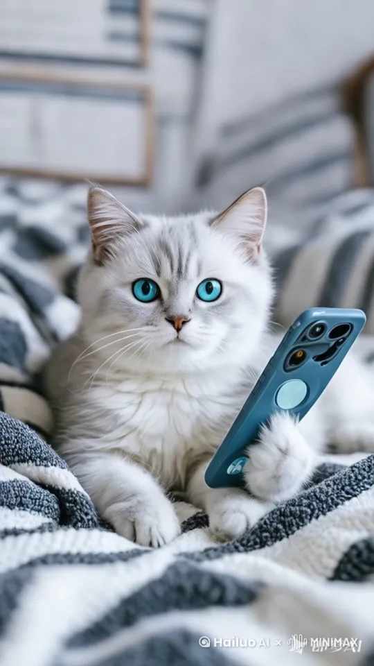 [左移,推进,右摇]猫说话，放下手机，[右移,跟随]一跳下床 by Hailuo AI Video Generator
