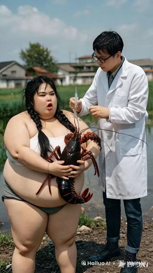 镜头移动，动态跟随，男人的针管，扎进龙虾身体里，龙虾疼的，尾巴乱拍，一下子拍在女人肚子上，将女人拍倒在地，男人的针管被拍的扎到自己腿上，疼的抱着腿四处乱蹦。 by Hailuo AI Video Generator