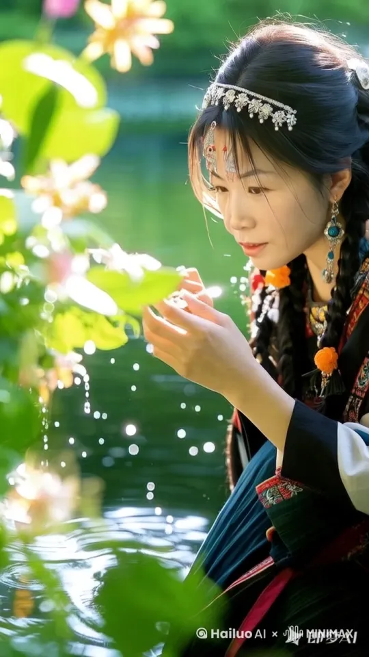 女子，黑色长发编辫，银色镶钻头饰，彩色耳饰，多层项链，橙色绒球装饰，民族服饰，黑白红配色，水边场景，绿色植物，花朵，手触水动作，水滴飞溅，写实风格，近景 by Hailuo AI Video Generator