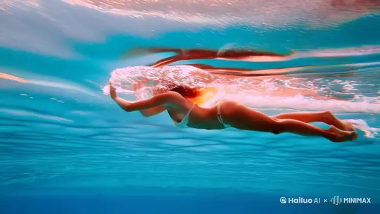 美丽的女子在海底潜泳[左移,上升] by Hailuo AI Video Generator