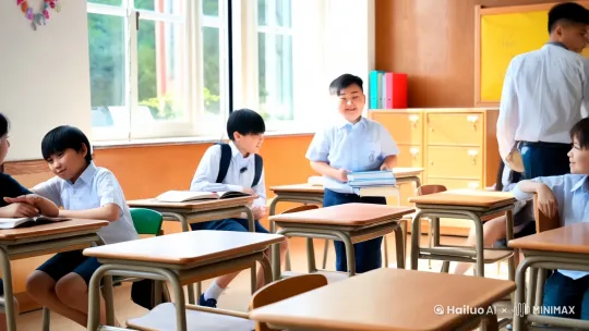 男主角，10岁，初中学生，性格开朗，即使面对困难也有着积极乐观的心态。教室全景阳光透过窗户洒在教室的课桌上，同学们三三两两地坐在座位上，有的在聊天，有的在看课外书。小悠抱着一摞书从门外走进来，脸上洋溢着笑容，和身边的同学打着招呼，走到自己的座位旁，把书放了下来。 by Hailuo AI Video Generator