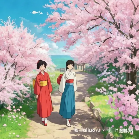1：远景

画面开始于一个远景镜头，展示两位女孩在樱花树下的小路上行走。樱花盛开，粉色的花瓣在蓝天白云的映衬下显得格外美丽。远处可以看到大海，海天一色。
背景音效：轻柔的风声和海浪声。

镜头2：中景

镜头拉近，展示两位女孩的背影。她们穿着传统的和服，一位穿红色和服，另一位穿白色上衣和蓝色裙子。她们背着书包，似乎在愉快地交谈。
背景音效：女孩们的笑声和交谈声。

镜头3：特写

镜头切换到一位女孩的脸部特写，她微笑着看向另一位女孩。她的表情充满了喜悦和满足。
背景音效：风声和樱花花瓣轻轻飘落的声音。

镜头4：中景

镜头回到中景，展示两位女孩继续在小路上行走。她们经过一棵樱花树，花瓣随风飘落，形成一幅美丽的画面。
背景音效：花瓣飘落的声音和轻柔的音乐。

镜头5：远景

镜头再次拉远，展示整个樱花树下的场景。女孩们继续在小路上行走，逐渐远去，留下一个美丽的背影。
背景音效：轻柔的音乐逐渐减弱，风声和海浪声再次响起。 by Hailuo AI Video Generator