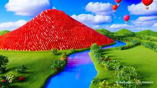 微缩景观，微距镜头，蓝天白云，地上用被切开成三角形西红柿做成的山，山间有一条蓝色小河，小河两边是绿色的草地，天空上飘着用西红柿做成的热气球，蓝天白云，高清4K by Hailuo AI Video Generator