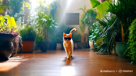 黄色的小猫，带着一个墨镜，双足直立，由远到近迈着六亲不认的步伐，视频最后生成“谢谢关注”在 by Hailuo AI Video Generator