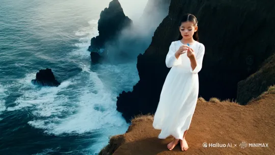 [远景俯拍] 海浪拍打黑色礁石，雾霭弥漫。白衣少女林小满（20岁）赤脚站在悬崖边缘，及踝白裙被海风吹得猎猎作响。她低头凝视手腕内侧的青色针孔，睫毛颤动。 by Hailuo AI Video Generator